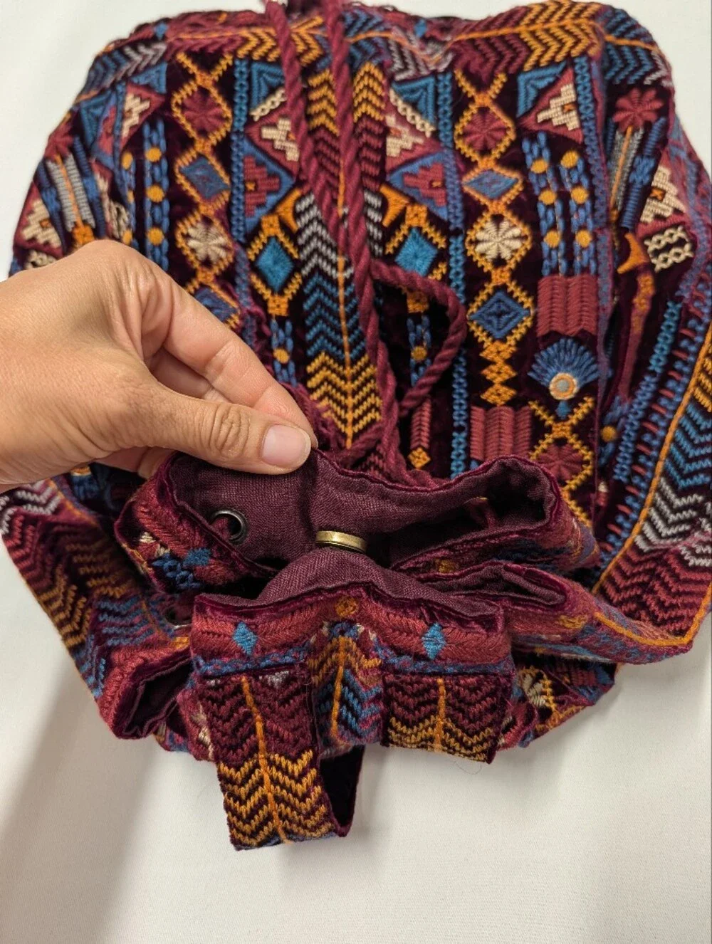 Johnny Was Burgundy Multi Boho Geometric Embroidered Drawstring Backpack Bag